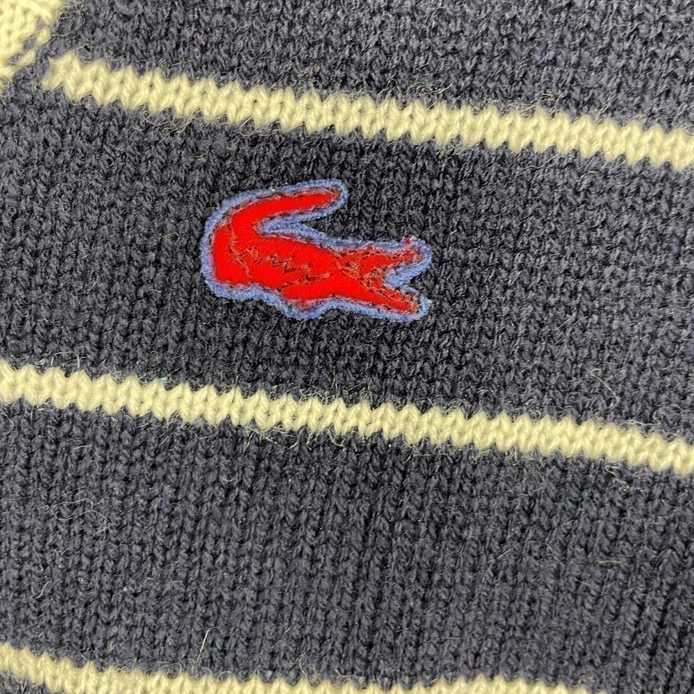 Vintage Women LACOSTE V-Neck Sweater Navy w/White Stripes & Red Crocodile 36/ Sm - Picture 6 of 10